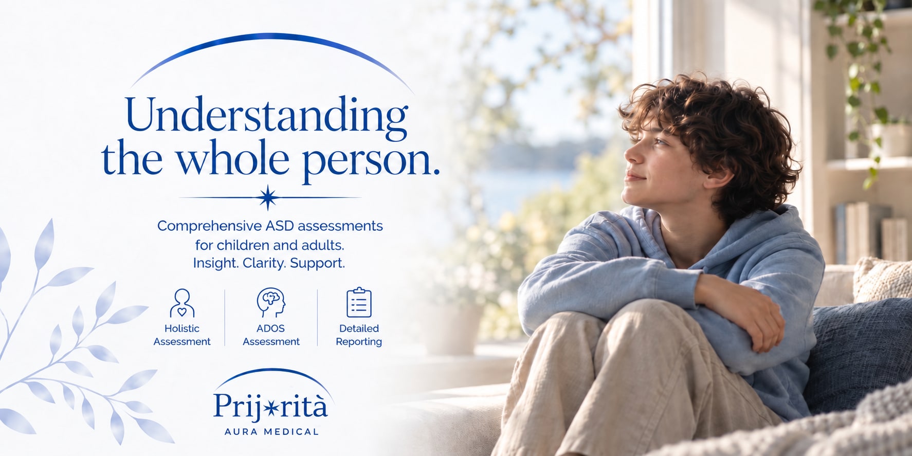 Understanding the whole person. A teenager sitting by a sunlit window, with the words Understanding the whole person: comprehensive ASD assessments for children and adults at Prijorità in Malta
