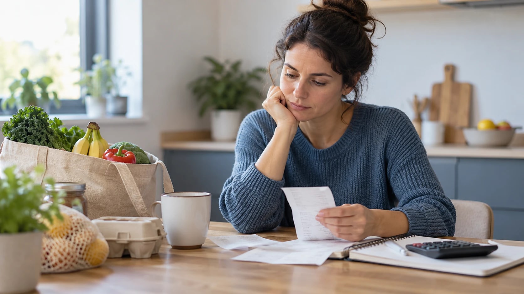 A woman sitting at a kitchen table reading a supermarket receipt, chin resting on her hand, with a bag of groceries, a notebook and a calculator in front of her