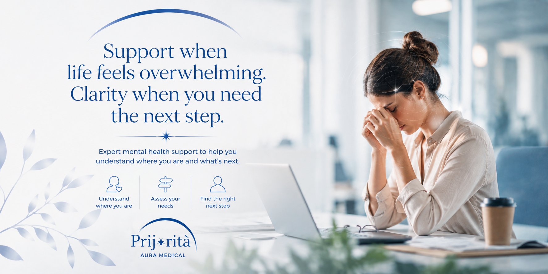 A woman resting her head in her hands at a desk — KONTINWITÀ mental health support and care navigation at Prijorità Healthcare in Malta