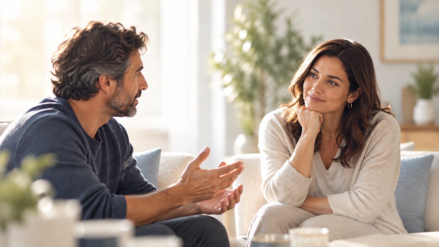 A man talking while a woman listens attentively, both seated on a sofa in a bright living room, illustrating a conversation in which someone feels genuinely heard