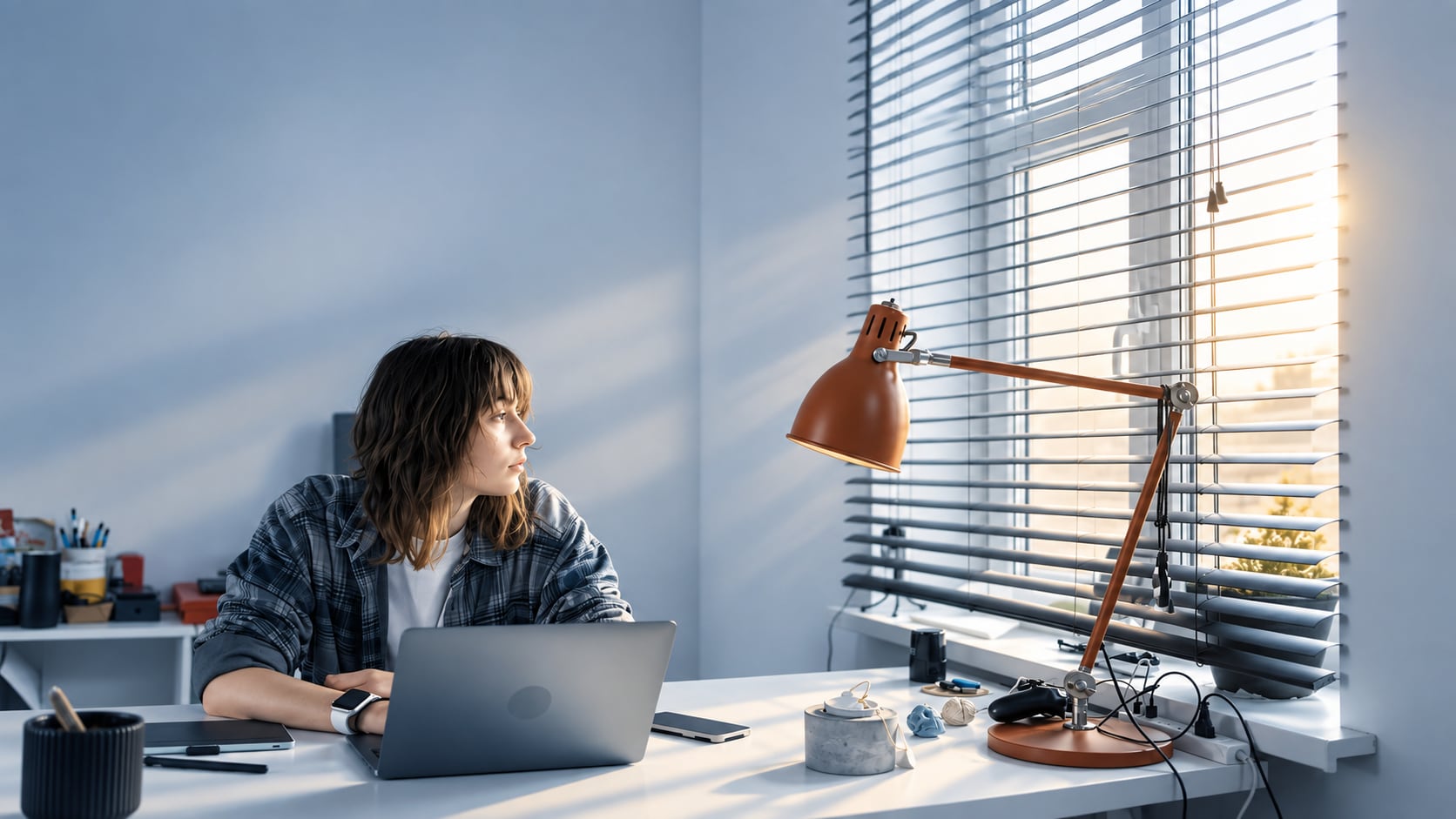 A young woman sitting at a desk in front of a laptop, turning away to look out of a sunlit window, illustrating a long working day spent seated
