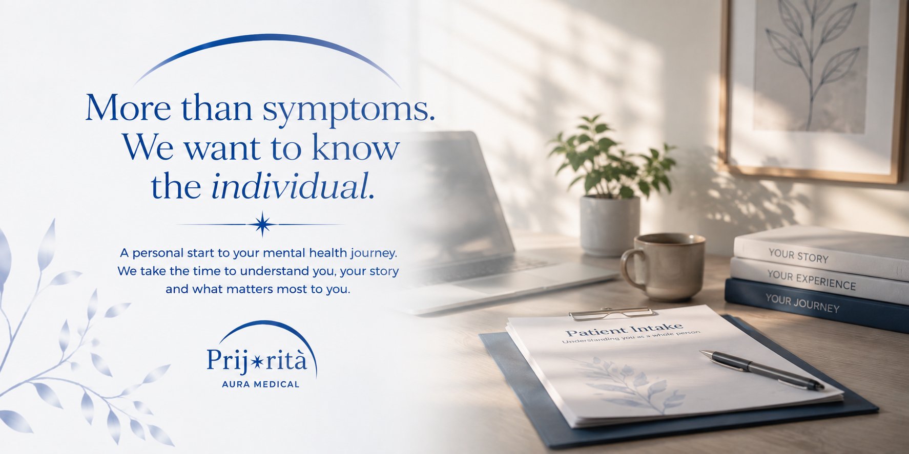 A patient intake form, notebooks and coffee on a sunlit desk — the New Patient Intake Programme at Prijorità Healthcare in Malta