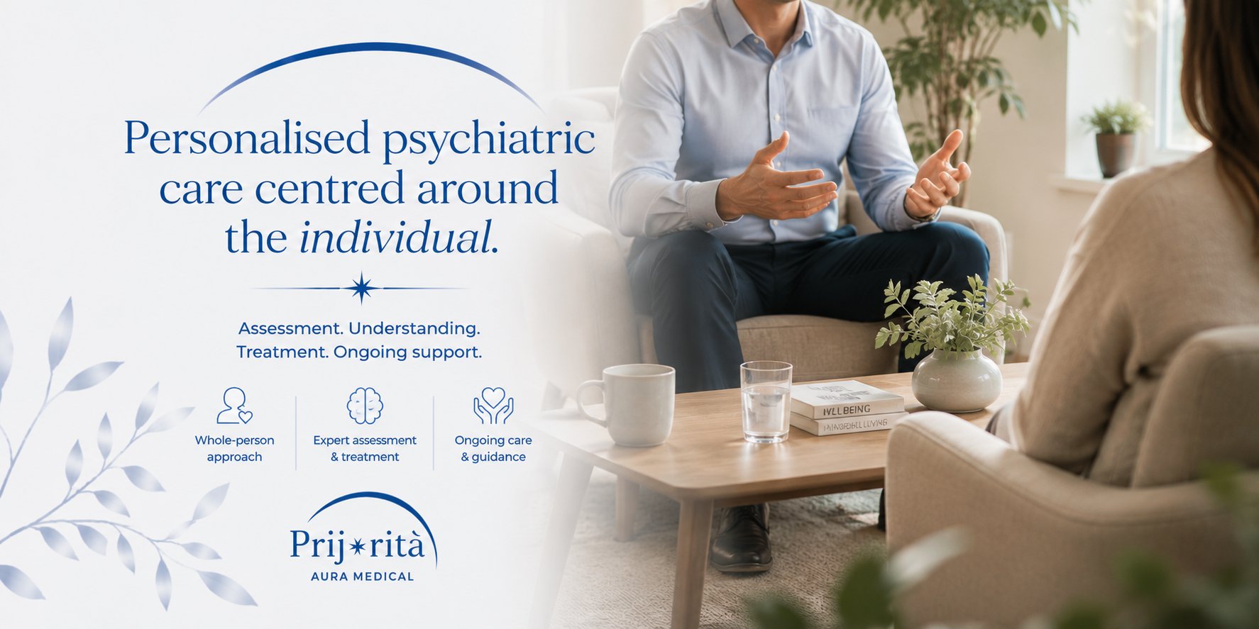 A psychiatrist in conversation with a patient in a consulting room — psychiatric assessment and treatment at Prijorità Healthcare in Malta