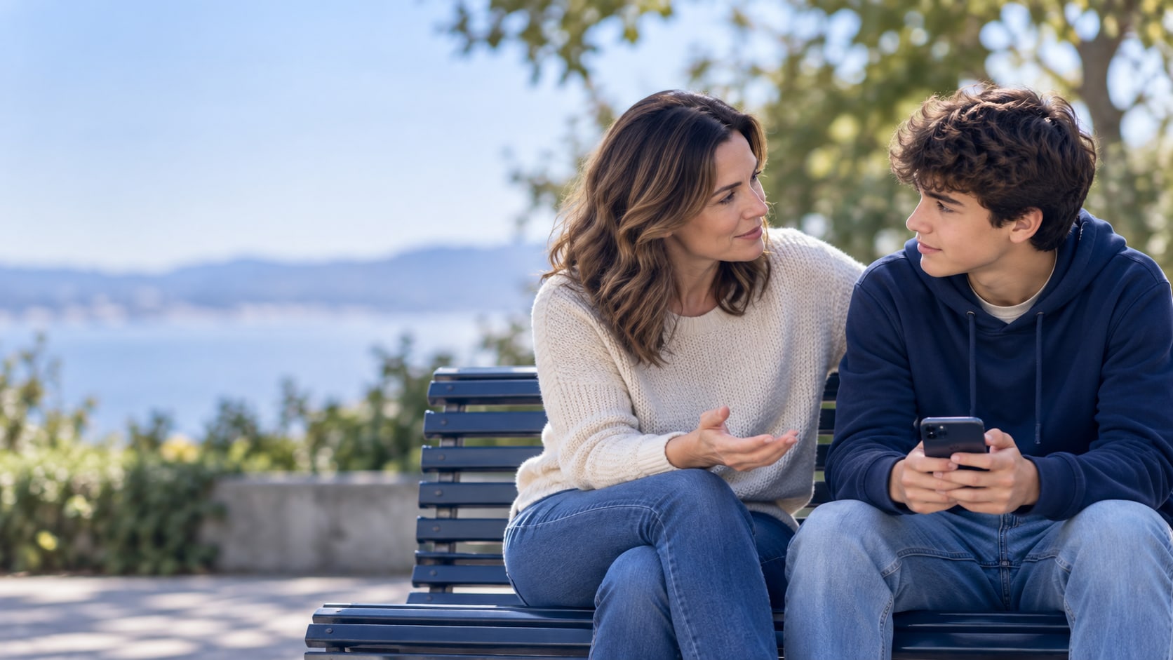 A mother and her teenage son sitting together on a bench by the sea, talking, with his phone still in his hands, illustrating conversation rather than restriction